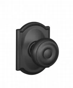 Schlage Residential F10 GEO 622 CAM Georgian Knob With Camelot Rose Passage Lock With 16080 Latch And 10027 Strike Matte Black Finish